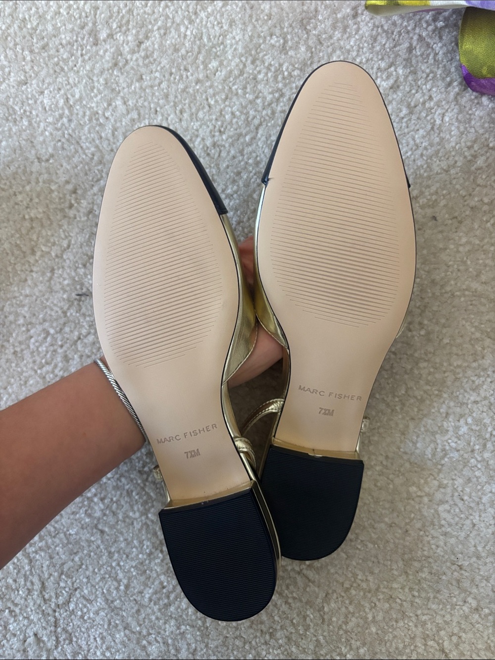 Marc Fisher Metallic Gold Slingback Flats with Black Cap Toe -run slightly large - Picture 2 of 2